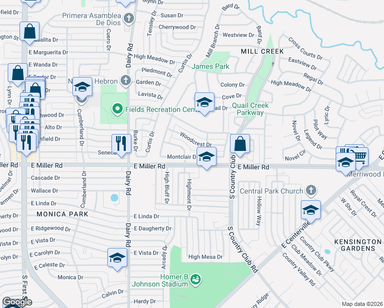 map of restaurants, bars, coffee shops, grocery stores, and more near 1117 Montclair Drive in Garland