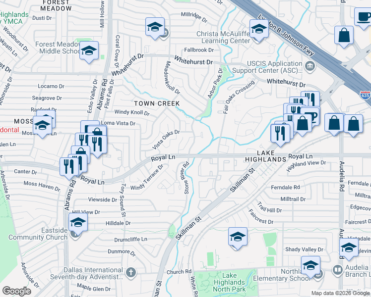 map of restaurants, bars, coffee shops, grocery stores, and more near 8705 Autumn Oaks Drive in Dallas