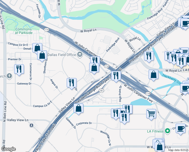 map of restaurants, bars, coffee shops, grocery stores, and more near 6333 Highway 161 in Irving