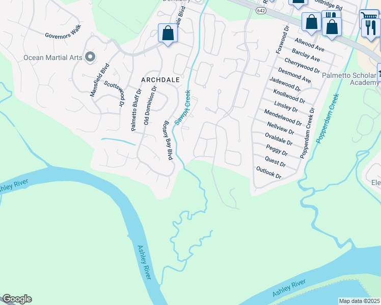 map of restaurants, bars, coffee shops, grocery stores, and more near 8077 Vermont Road in North Charleston