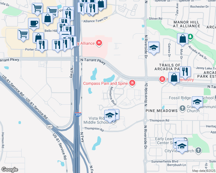 map of restaurants, bars, coffee shops, grocery stores, and more near 8301 Monterra Boulevard in Fort Worth