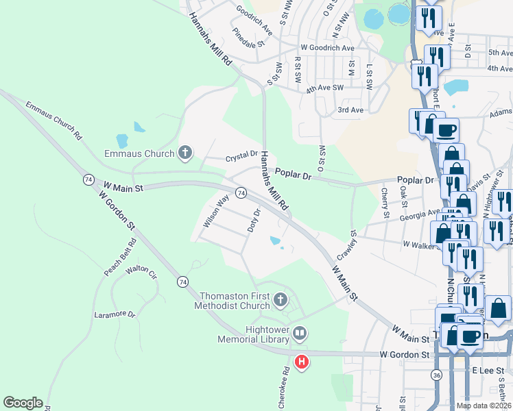 map of restaurants, bars, coffee shops, grocery stores, and more near 90 Doty Drive in Thomaston