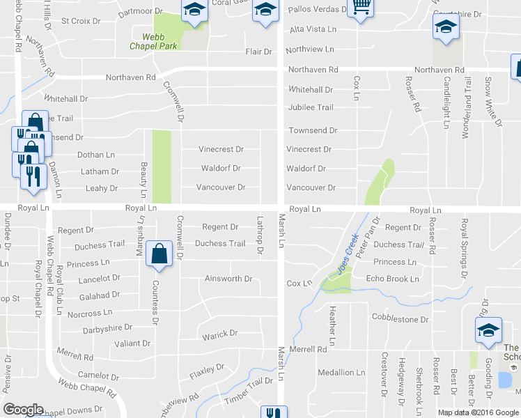 map of restaurants, bars, coffee shops, grocery stores, and more near Royal Ln & Lathrop Dr in Dallas