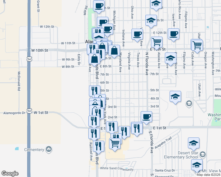 map of restaurants, bars, coffee shops, grocery stores, and more near 505 Delaware Avenue in Alamogordo