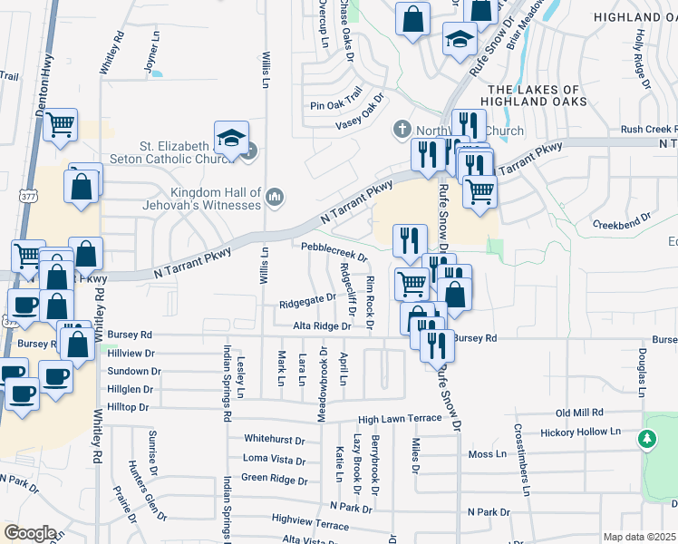 map of restaurants, bars, coffee shops, grocery stores, and more near 2110 Ridgecliff Drive in Keller