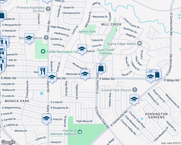 map of restaurants, bars, coffee shops, grocery stores, and more near 1209 Montclair Drive in Garland