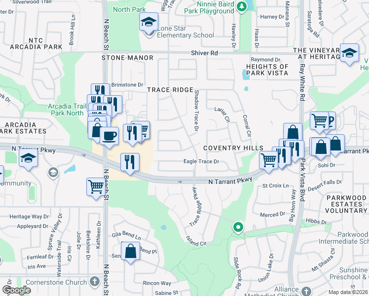 map of restaurants, bars, coffee shops, grocery stores, and more near 8600 Olympia Trace Circle in Fort Worth