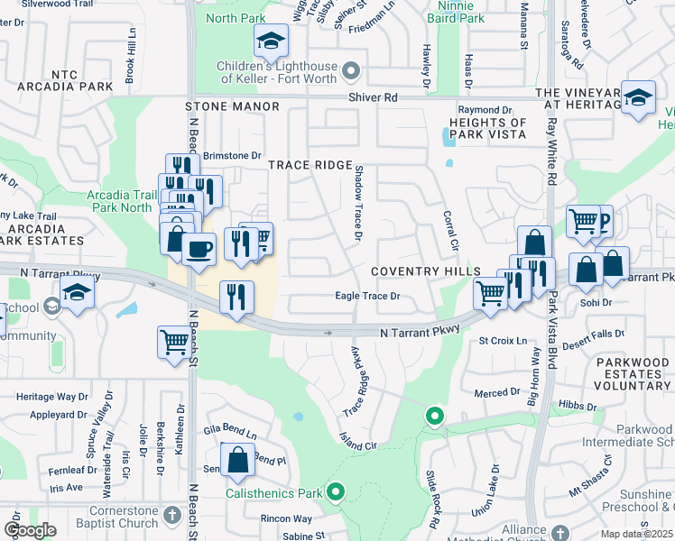 map of restaurants, bars, coffee shops, grocery stores, and more near 8600 Olympia Trace Cir in Fort Worth