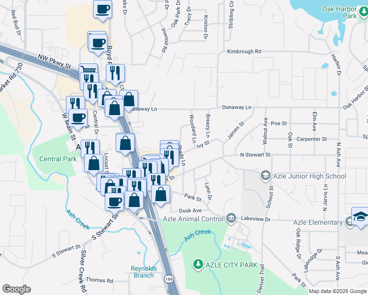 map of restaurants, bars, coffee shops, grocery stores, and more near 305 Shady Lane in Azle
