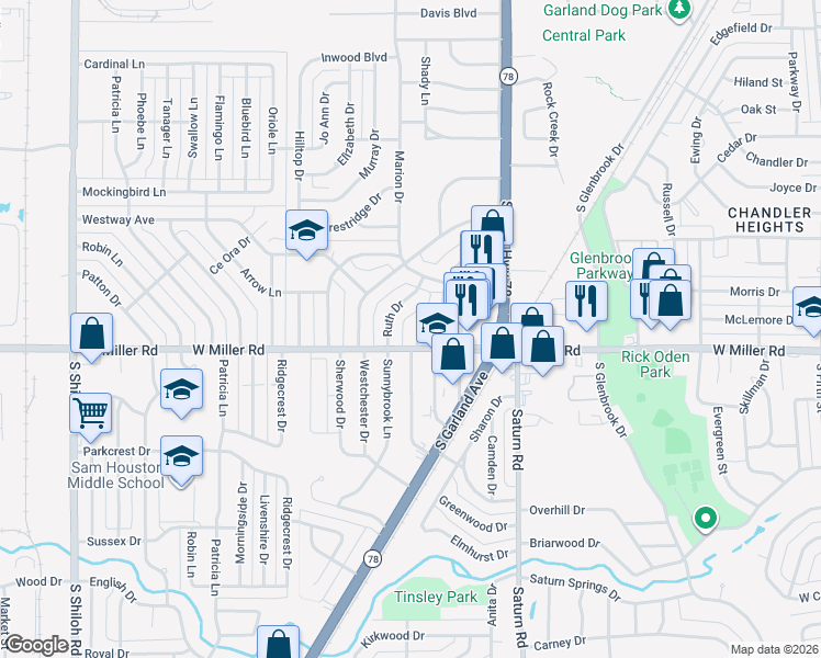 map of restaurants, bars, coffee shops, grocery stores, and more near 1921 Landa Drive in Garland