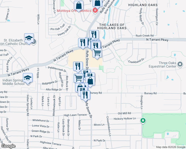 map of restaurants, bars, coffee shops, grocery stores, and more near 1307 Lindsey Drive in Keller