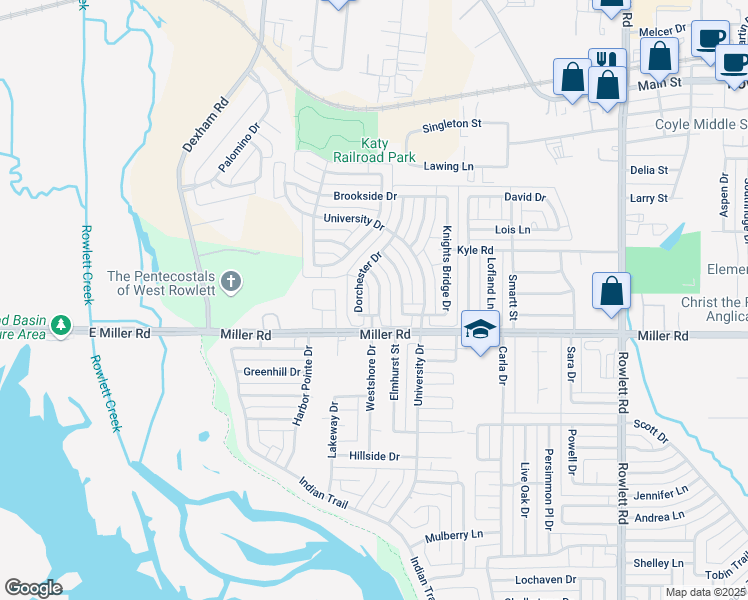 map of restaurants, bars, coffee shops, grocery stores, and more near 3622 Dorchester Drive in Rowlett