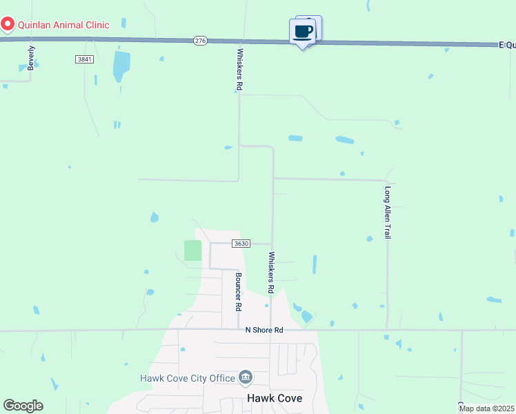 map of restaurants, bars, coffee shops, grocery stores, and more near 9070 County Road 3608 in Quinlan