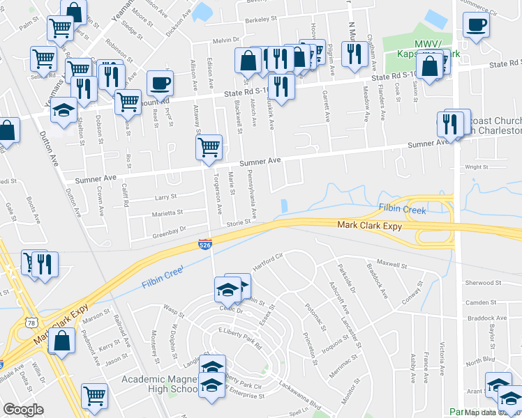 map of restaurants, bars, coffee shops, grocery stores, and more near 5422 Pennsylvania Ave in North Charleston