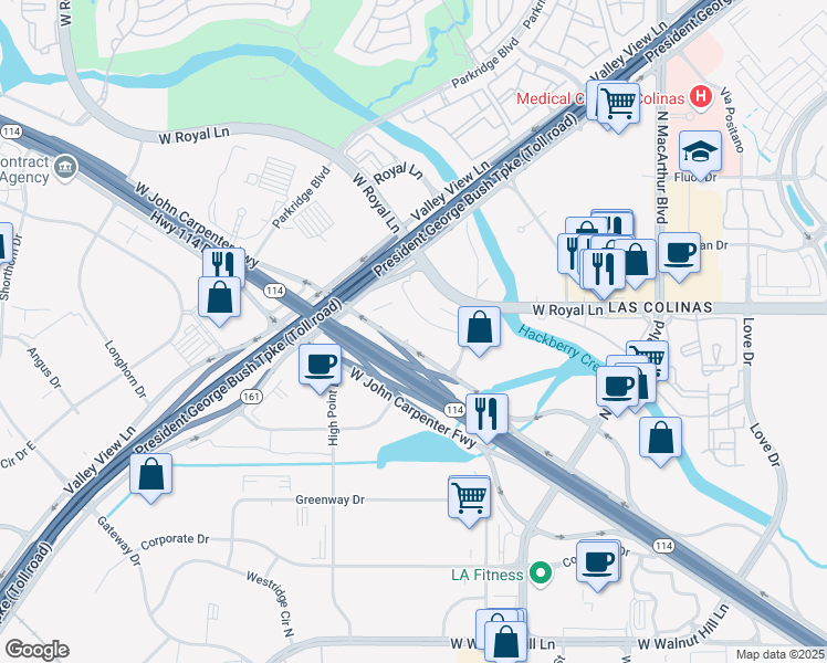map of restaurants, bars, coffee shops, grocery stores, and more near 6021 Connection Drive in Irving