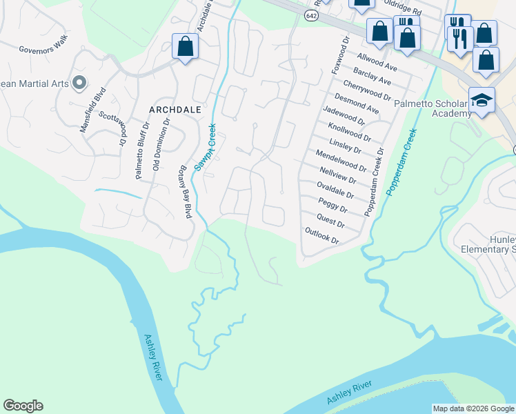 map of restaurants, bars, coffee shops, grocery stores, and more near 7857 Montview Road in North Charleston