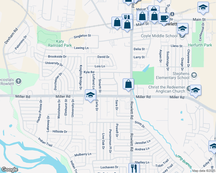 map of restaurants, bars, coffee shops, grocery stores, and more near 3022 Sandra Lane in Rowlett