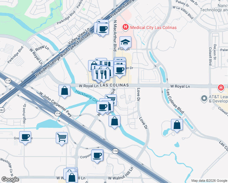 map of restaurants, bars, coffee shops, grocery stores, and more near 6322 N MacArthur Blvd in Irving