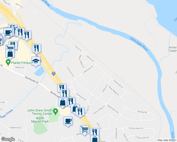 map of restaurants, bars, coffee shops, grocery stores, and more near 1051 Clairmont Place in Macon