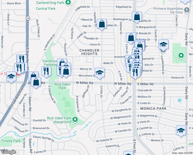 map of restaurants, bars, coffee shops, grocery stores, and more near 522 McLemore Drive in Garland