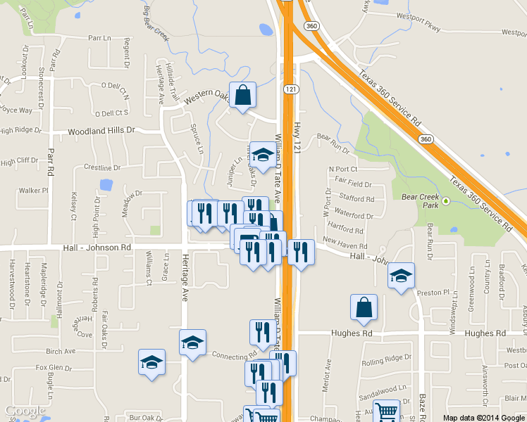 map of restaurants, bars, coffee shops, grocery stores, and more near 3900 William D Tate Ave in Grapevine