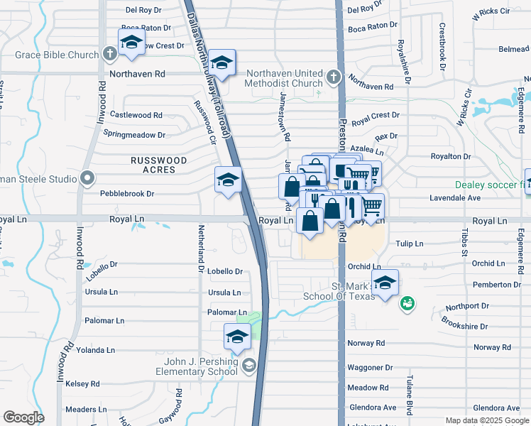 map of restaurants, bars, coffee shops, grocery stores, and more near 5815 Royal Lane in Dallas