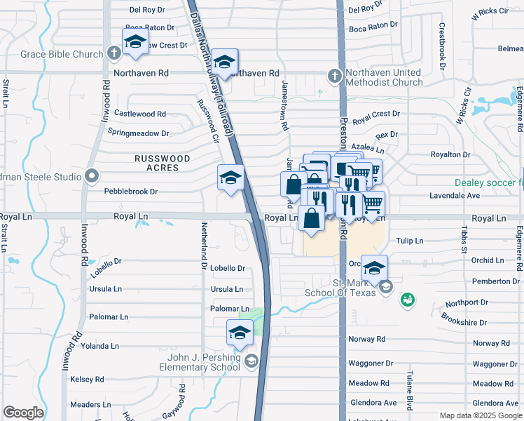 map of restaurants, bars, coffee shops, grocery stores, and more near 5807 Royal Lane in Dallas