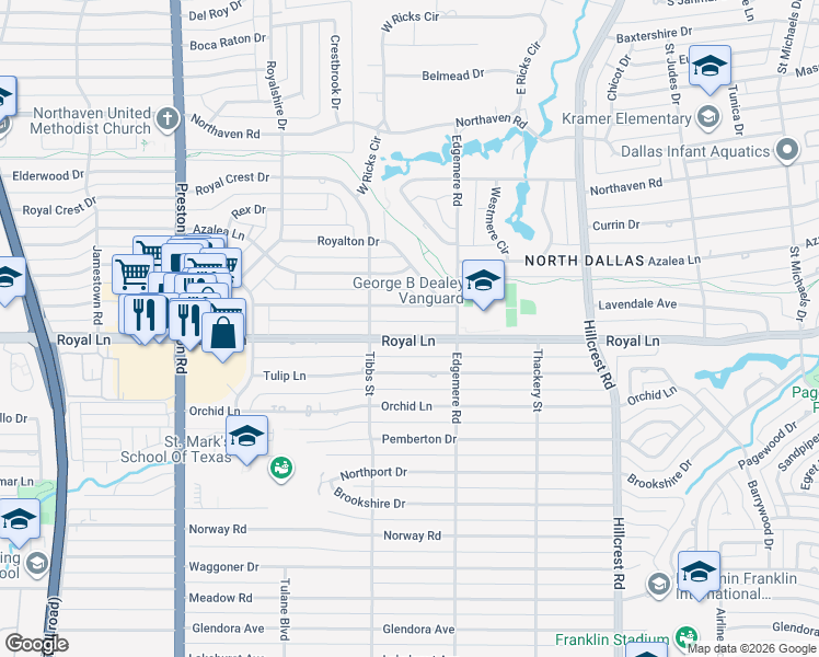 map of restaurants, bars, coffee shops, grocery stores, and more near 6437 Royal Lane in Dallas