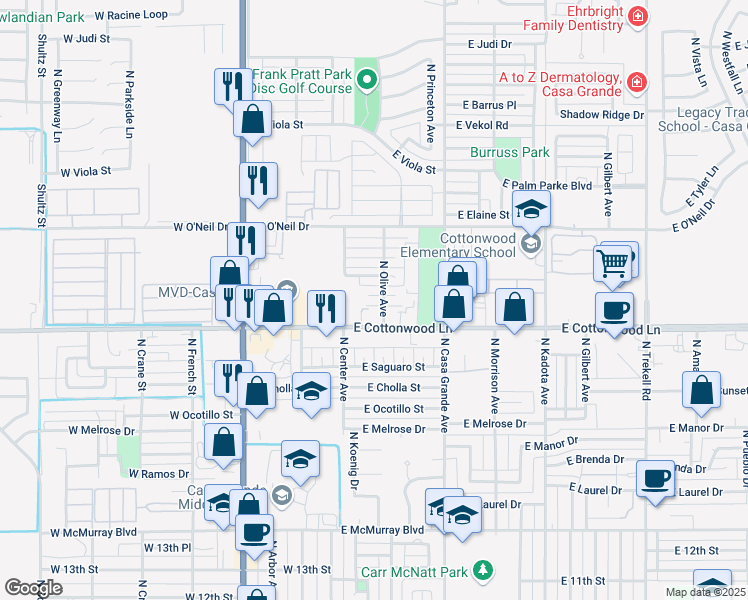 map of restaurants, bars, coffee shops, grocery stores, and more near 205 East Lee Street in Casa Grande