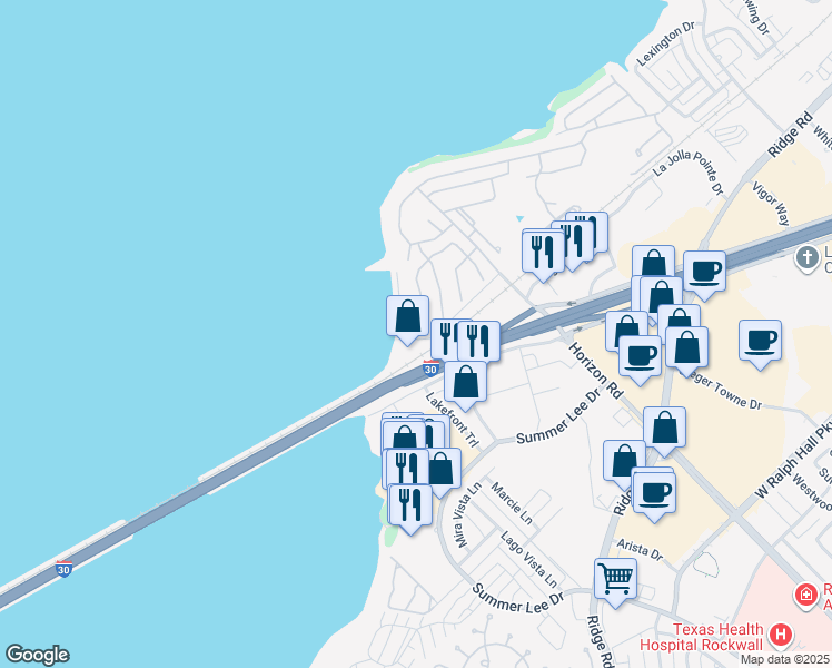 map of restaurants, bars, coffee shops, grocery stores, and more near 2076 Pontchartrain Drive in Rockwall