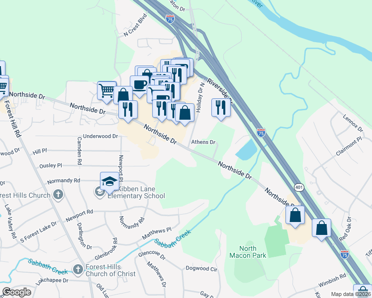 map of restaurants, bars, coffee shops, grocery stores, and more near 3569 Northside Dr in Macon