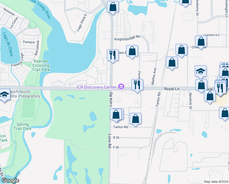 map of restaurants, bars, coffee shops, grocery stores, and more near 1806 Royal Lane in Dallas