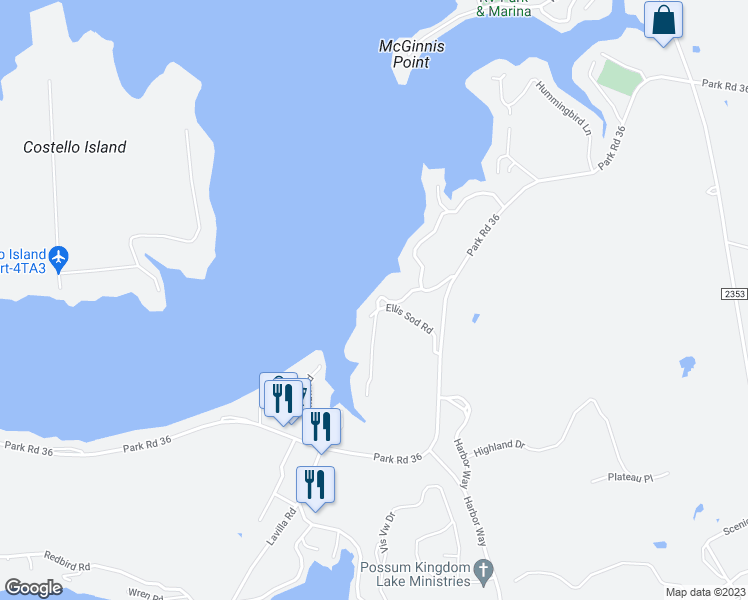 map of restaurants, bars, coffee shops, grocery stores, and more near 1657 Ellis Sod Road in Graford