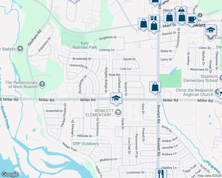 map of restaurants, bars, coffee shops, grocery stores, and more near 3701 Bond Street in Rowlett