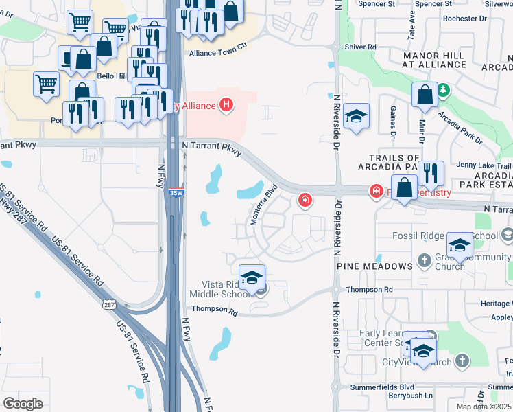 map of restaurants, bars, coffee shops, grocery stores, and more near 8301 Monterra Boulevard in Fort Worth