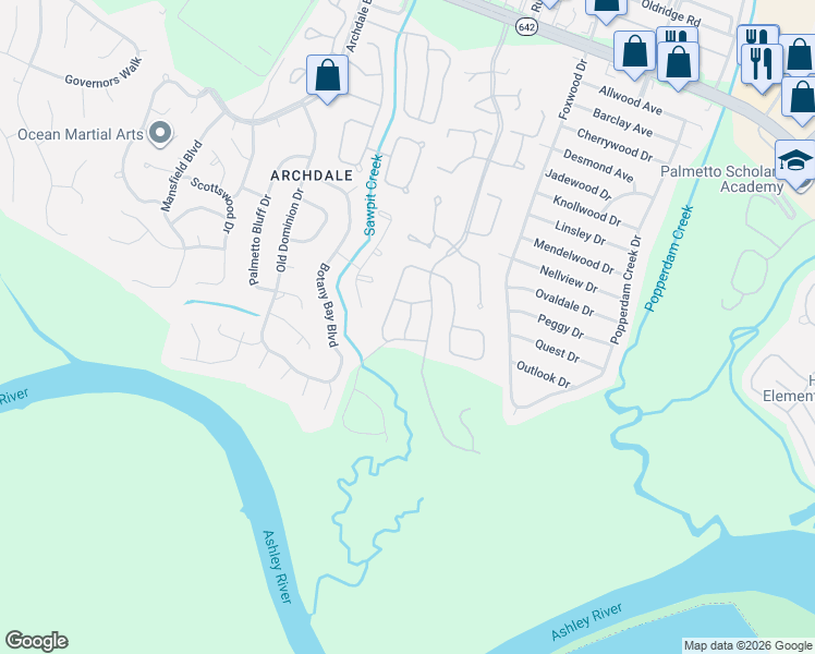 map of restaurants, bars, coffee shops, grocery stores, and more near 7956 Weld Street in North Charleston