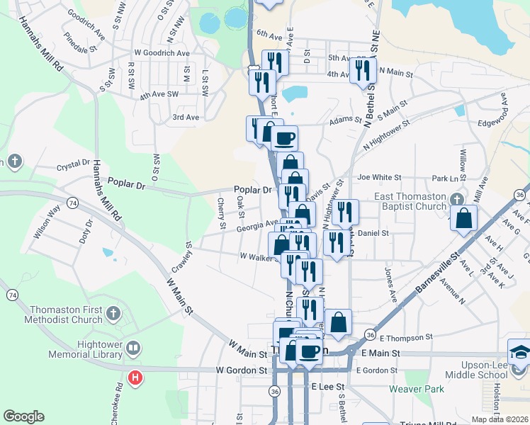 map of restaurants, bars, coffee shops, grocery stores, and more near 608 Nottingham Street in Thomaston
