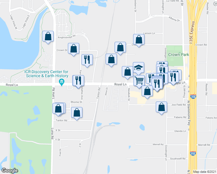 map of restaurants, bars, coffee shops, grocery stores, and more near 11376 Kline Drive in Dallas