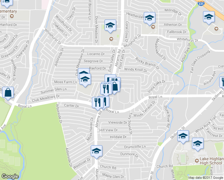 map of restaurants, bars, coffee shops, grocery stores, and more near 8520 Abrams Road in Dallas