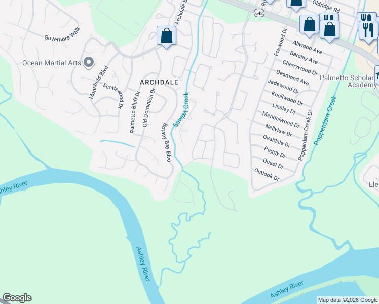 map of restaurants, bars, coffee shops, grocery stores, and more near 8077 Vermont Road in North Charleston