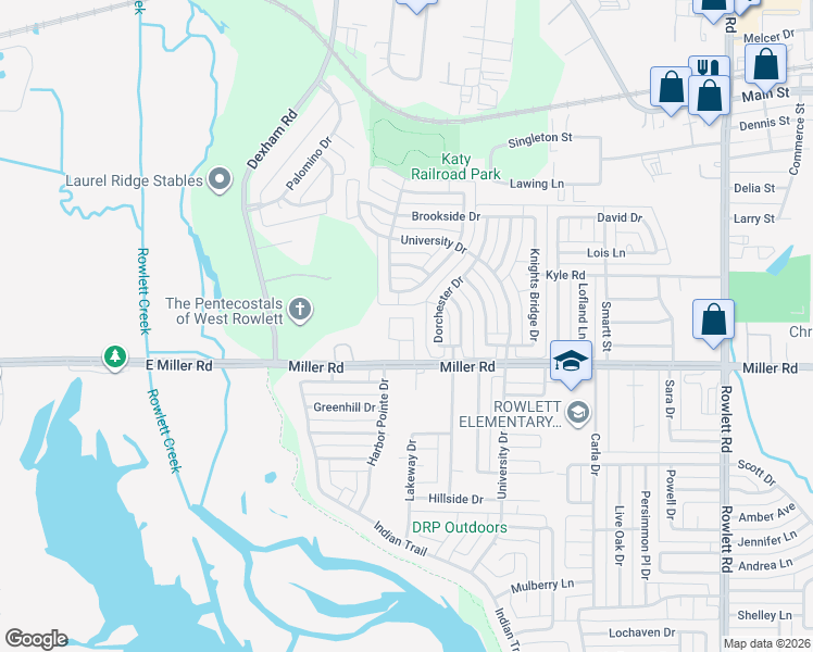 map of restaurants, bars, coffee shops, grocery stores, and more near 2209 Bailey Drive in Rowlett