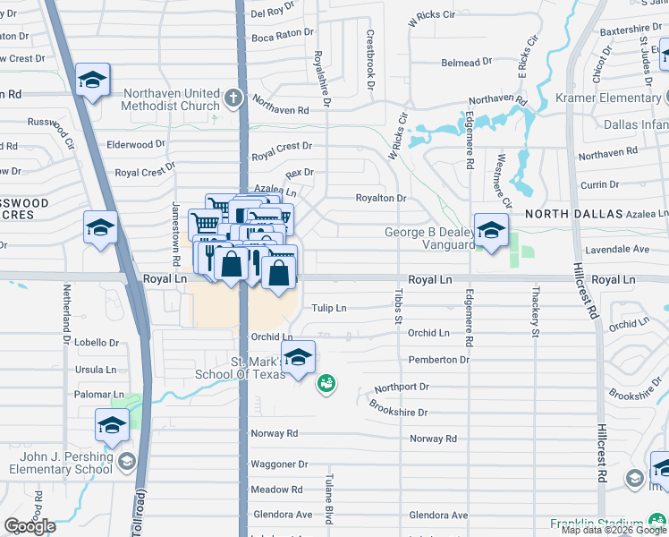 map of restaurants, bars, coffee shops, grocery stores, and more near 6207 Royal Lane in Dallas
