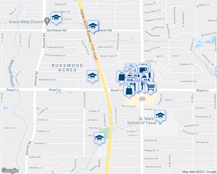 map of restaurants, bars, coffee shops, grocery stores, and more near 5815 Royal Lane in Dallas