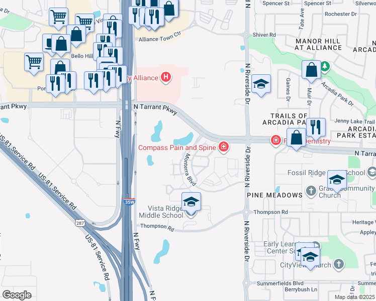 map of restaurants, bars, coffee shops, grocery stores, and more near 8301 Monterra Boulevard in Fort Worth