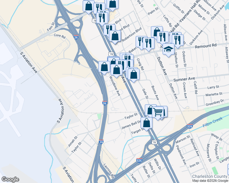 map of restaurants, bars, coffee shops, grocery stores, and more near 5541 Woodbine Avenue in North Charleston