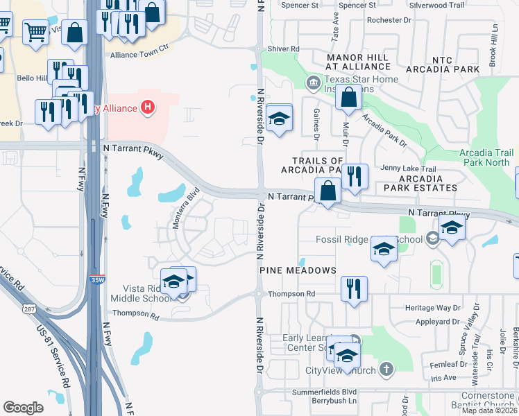 map of restaurants, bars, coffee shops, grocery stores, and more near 6581 Old Denton Road in Fort Worth