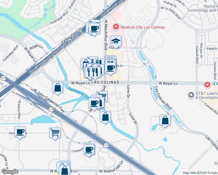 map of restaurants, bars, coffee shops, grocery stores, and more near 6306 North MacArthur Boulevard in Irving