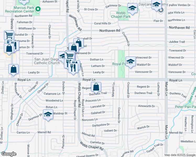 map of restaurants, bars, coffee shops, grocery stores, and more near 3307 Royal Lane in Dallas
