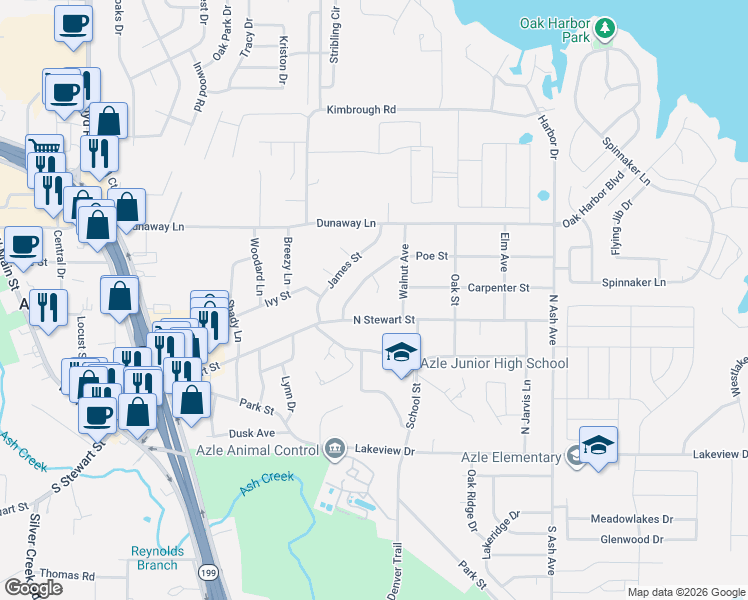 map of restaurants, bars, coffee shops, grocery stores, and more near 813 North Stewart Street in Azle
