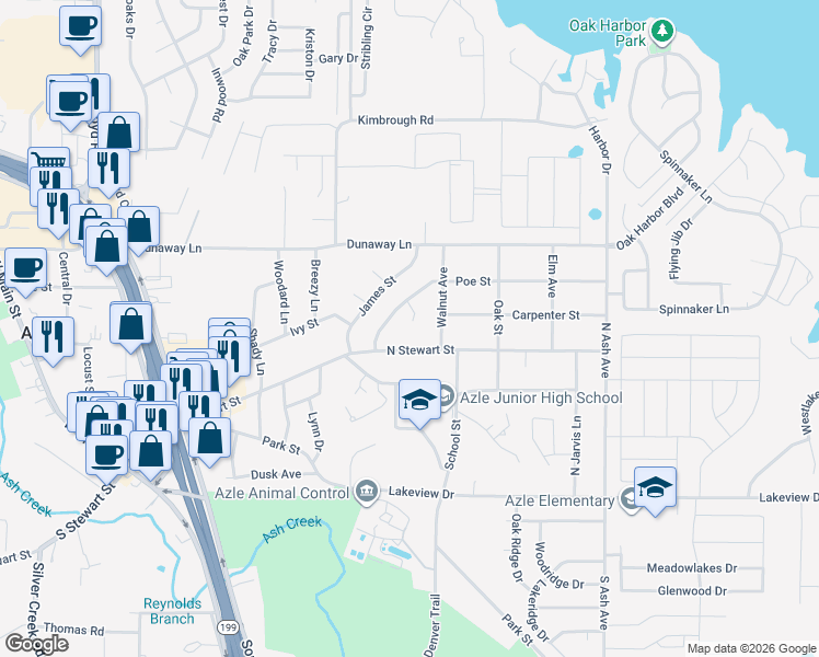map of restaurants, bars, coffee shops, grocery stores, and more near 813 North Stewart Street in Azle